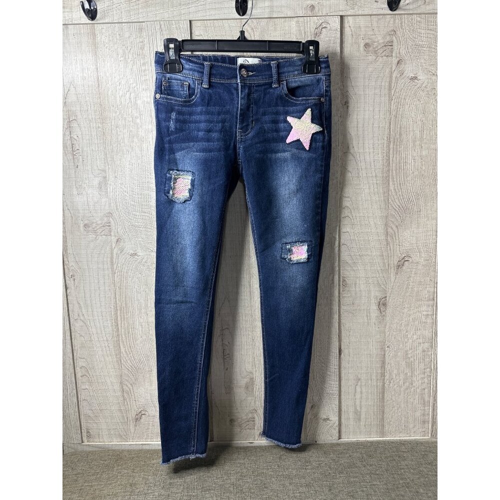 Girls Jordache Skinny Jeans With Sequin Star Patch Size 10 Blue Denim Adj Waist
